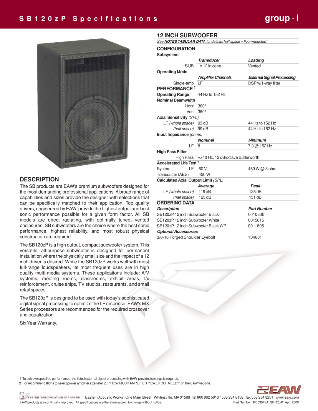 EAW SB120zP specifications Description, Inch Subwoofer 