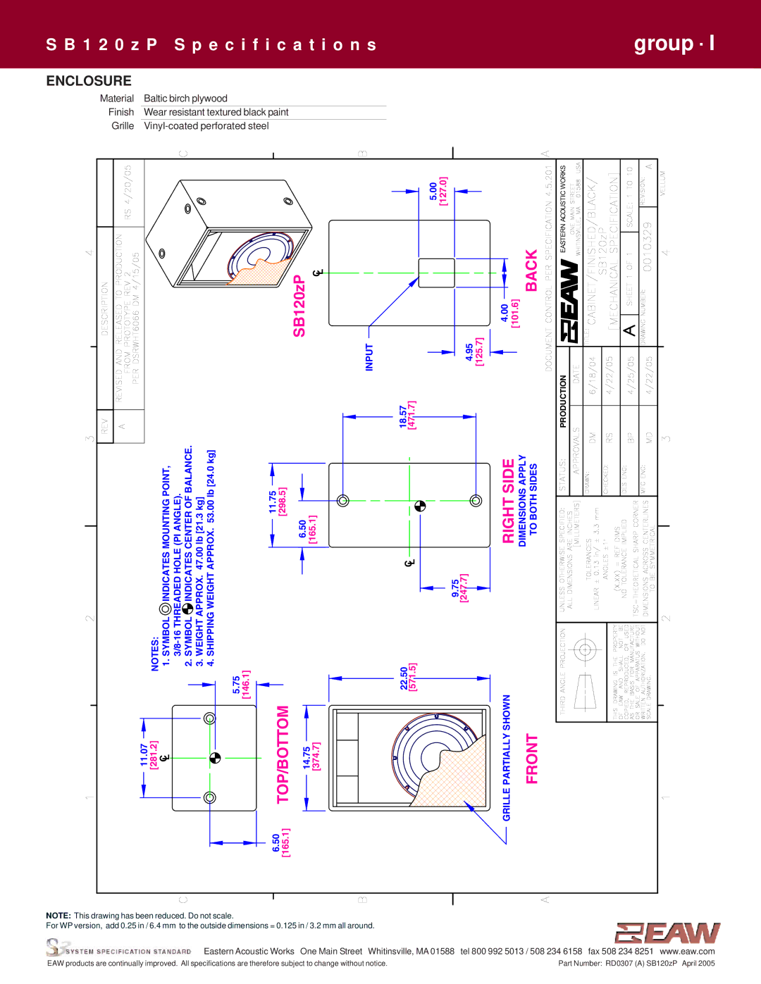 EAW SB120zP specifications Back, Enclosure 