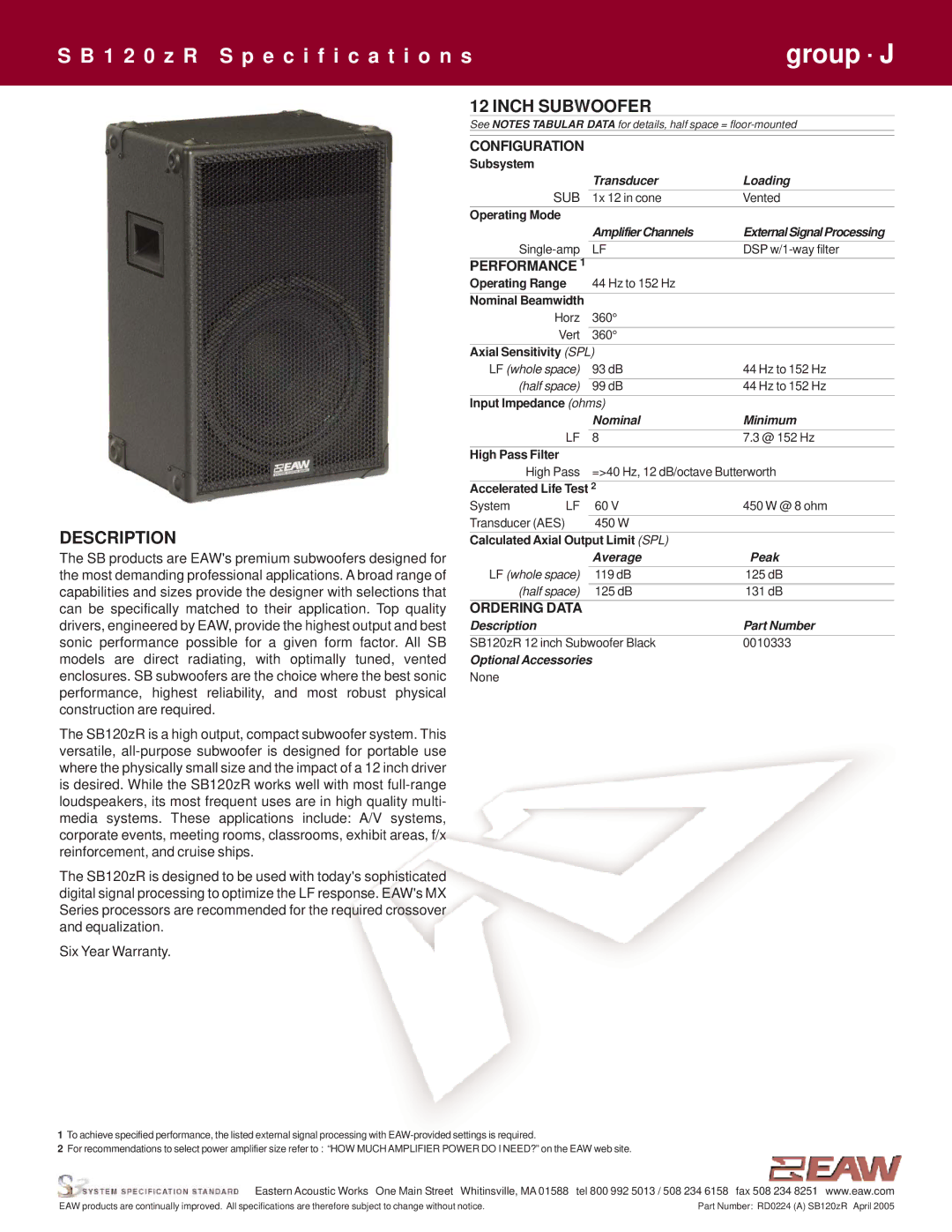 EAW SB120zR specifications Description, Inch Subwoofer 