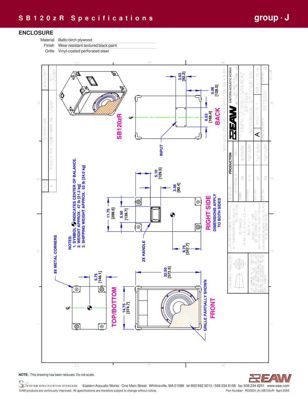 EAW SB120zR specifications Back, Enclosure 