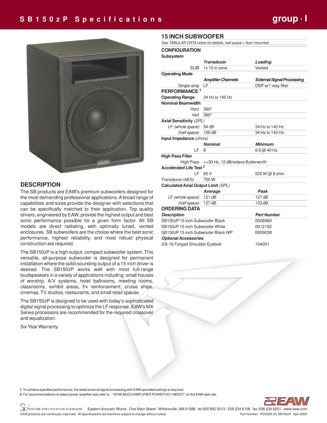 EAW SB150zP specifications Description, Inch Subwoofer 