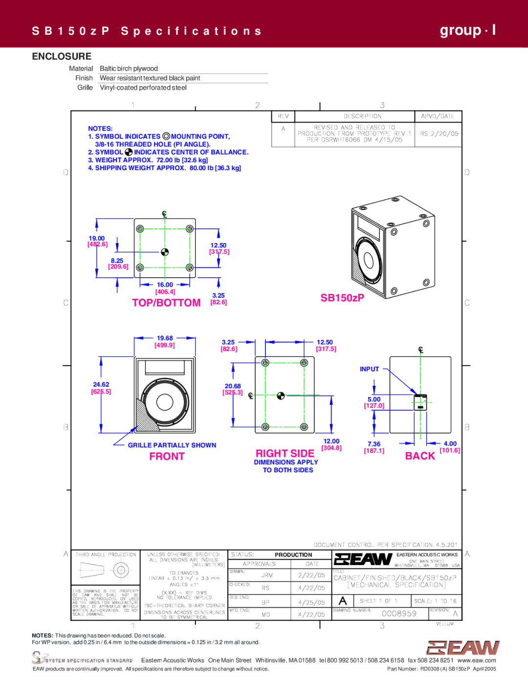 EAW SB150zP specifications Top/Bottom, Enclosure 