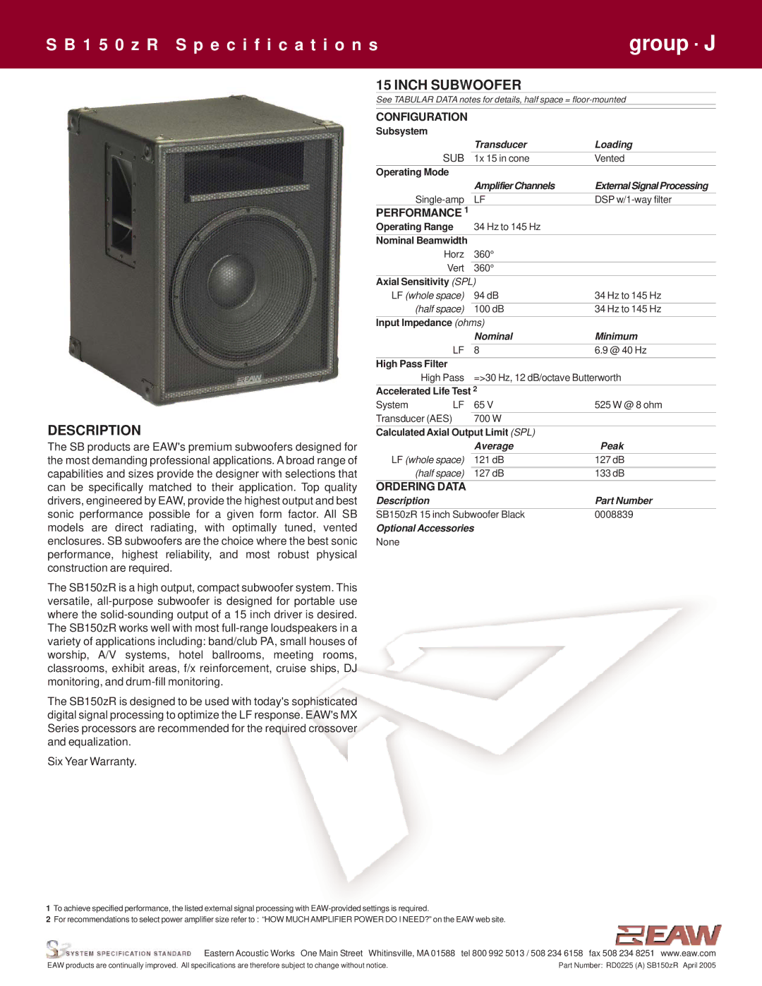 EAW SB150zR specifications Description, Inch Subwoofer 