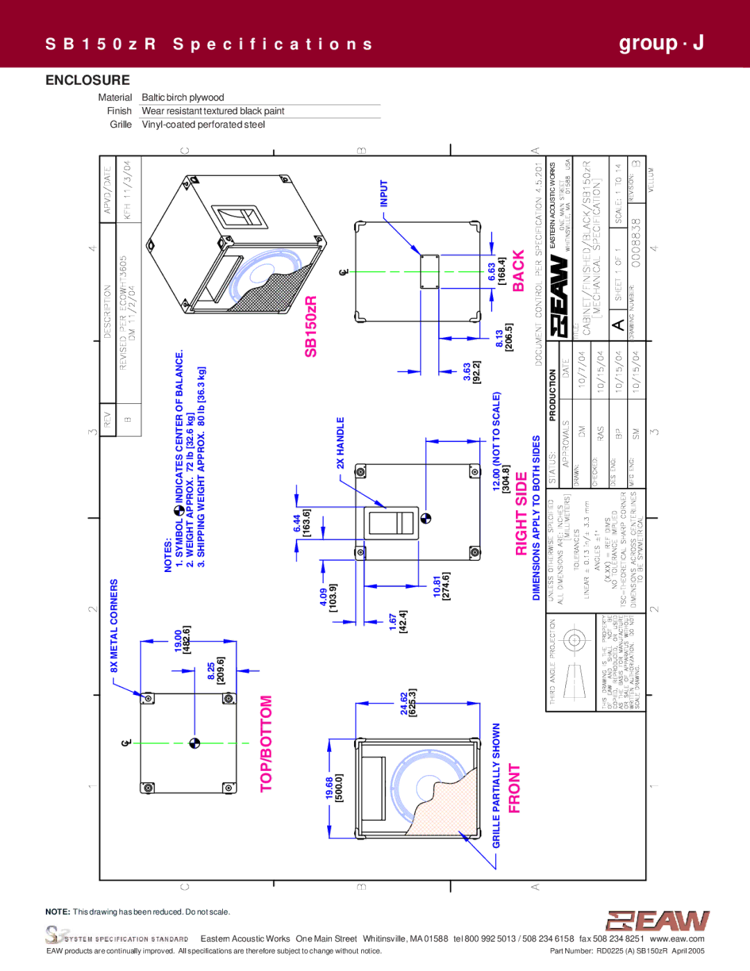 EAW SB150zR specifications Back, Enclosure 