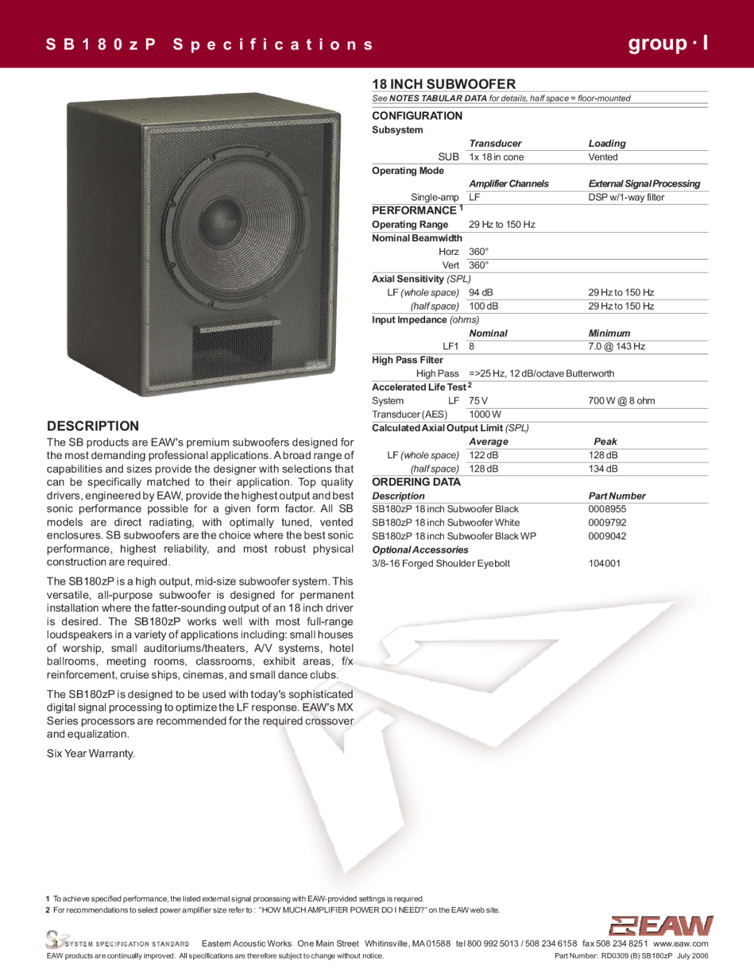 EAW SB180zP specifications Description, Inch Subwoofer 