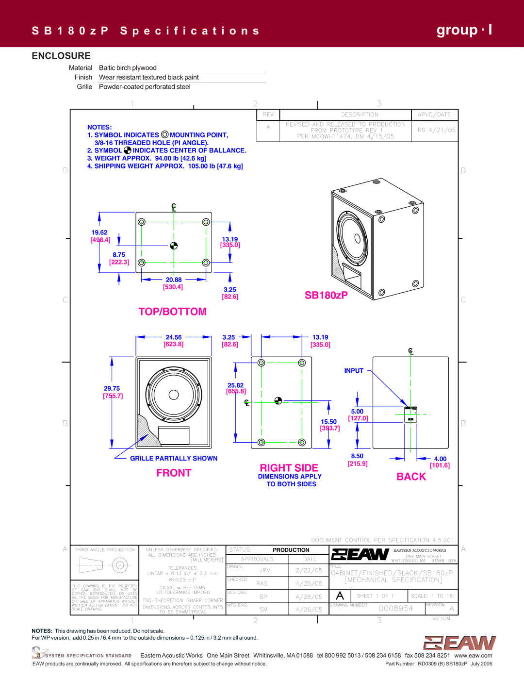 EAW SB180zP specifications Top/Bottom, Enclosure 