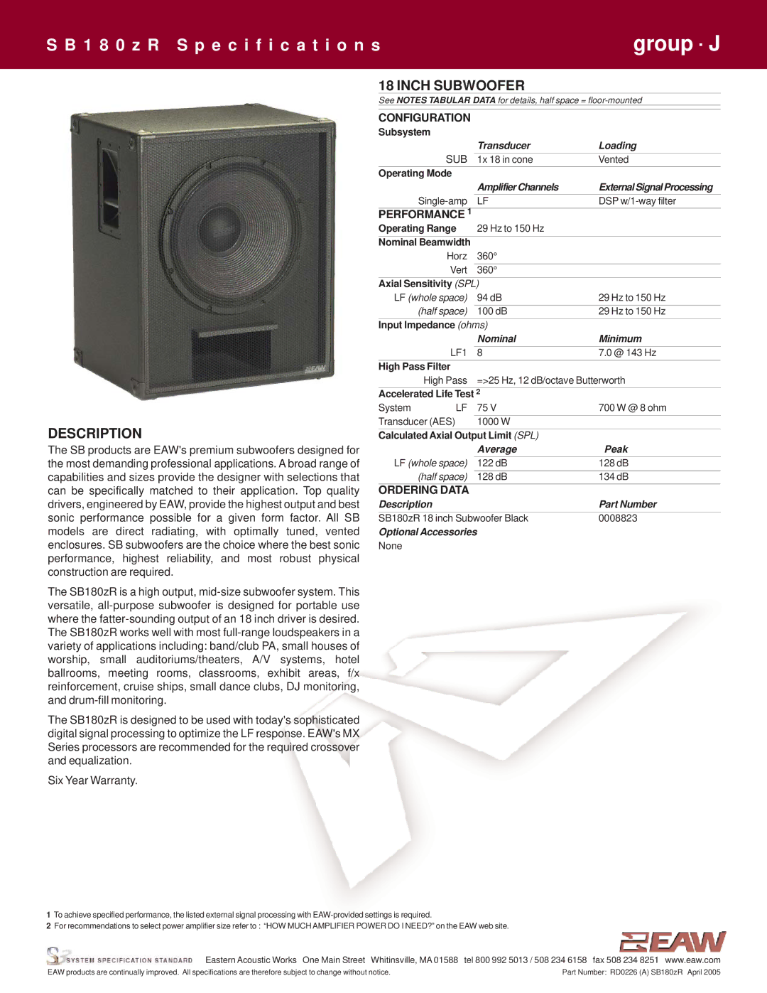 EAW SB180zR specifications Description, Inch Subwoofer 