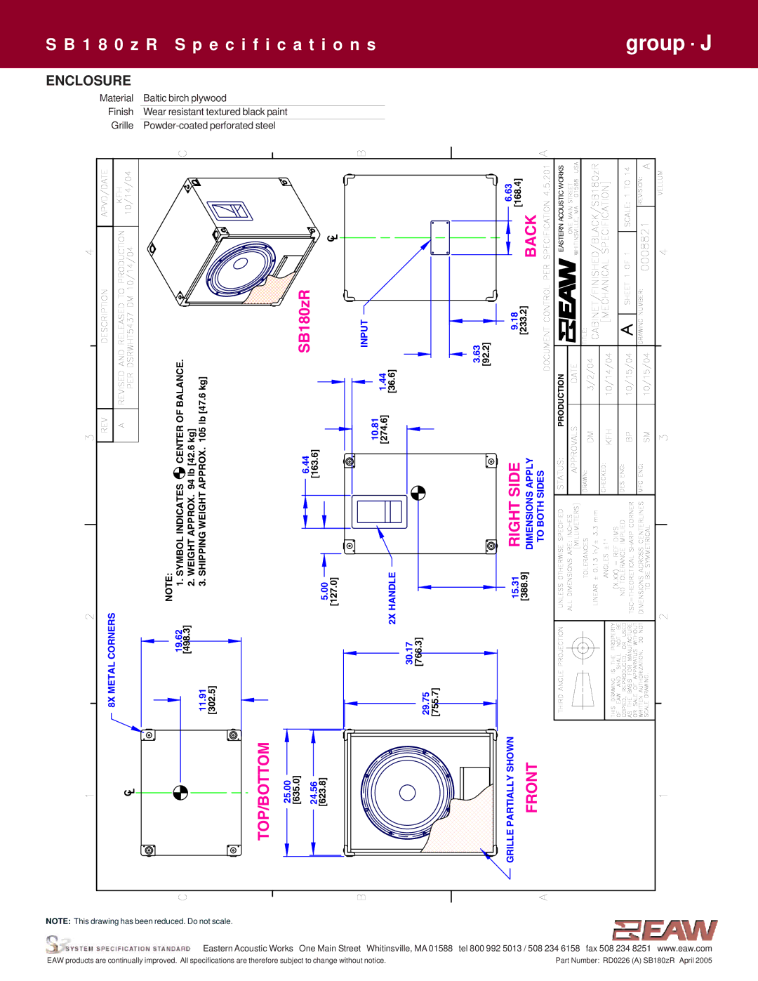 EAW SB180zR specifications Back, Enclosure 