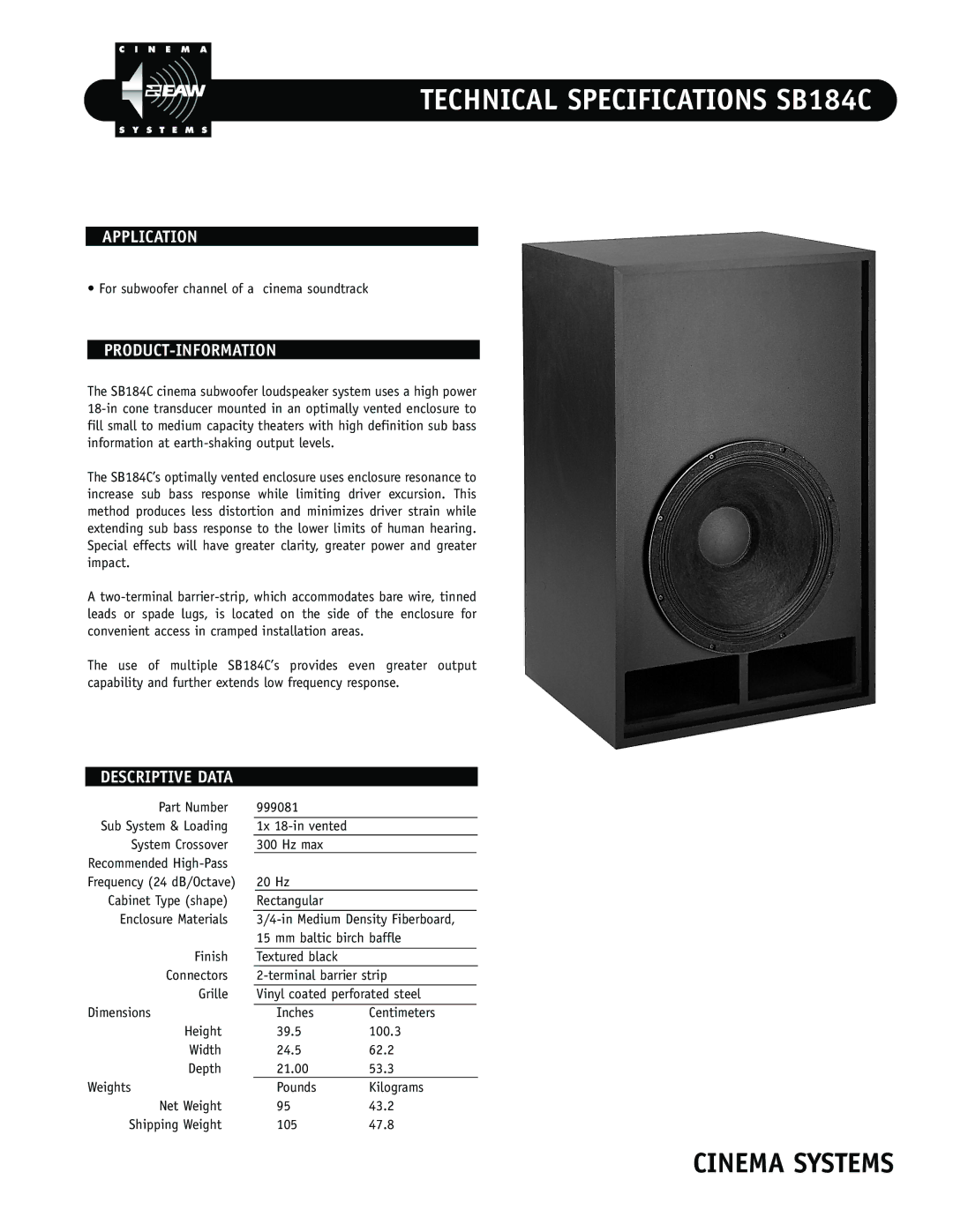 EAW technical specifications Technical Specifications SB184C, Application, Product-Information, Descriptive Data 