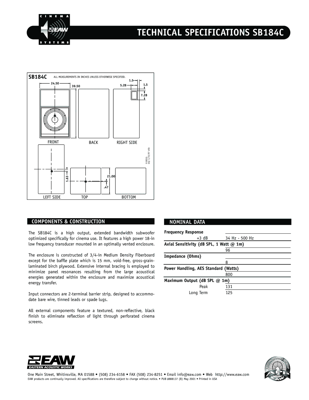 EAW technical specifications Technical Specifications SB184C, Components & Construction, Nominal Data 