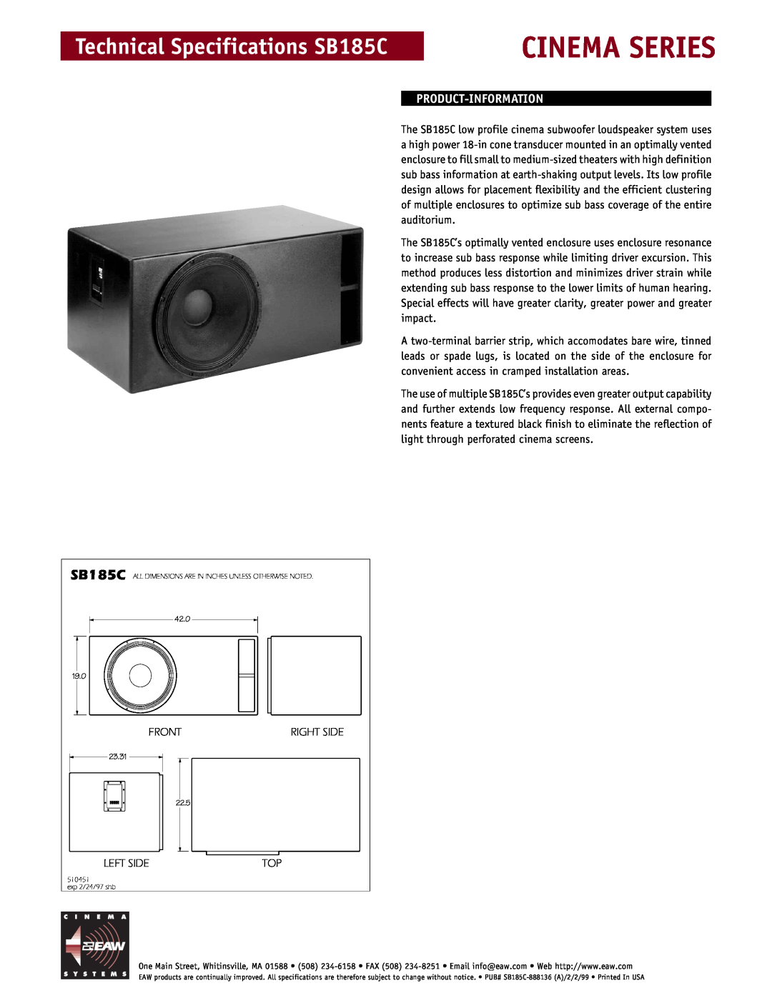 EAW technical specifications Cinema Series, Product-Information, Technical Specifications SB185C 