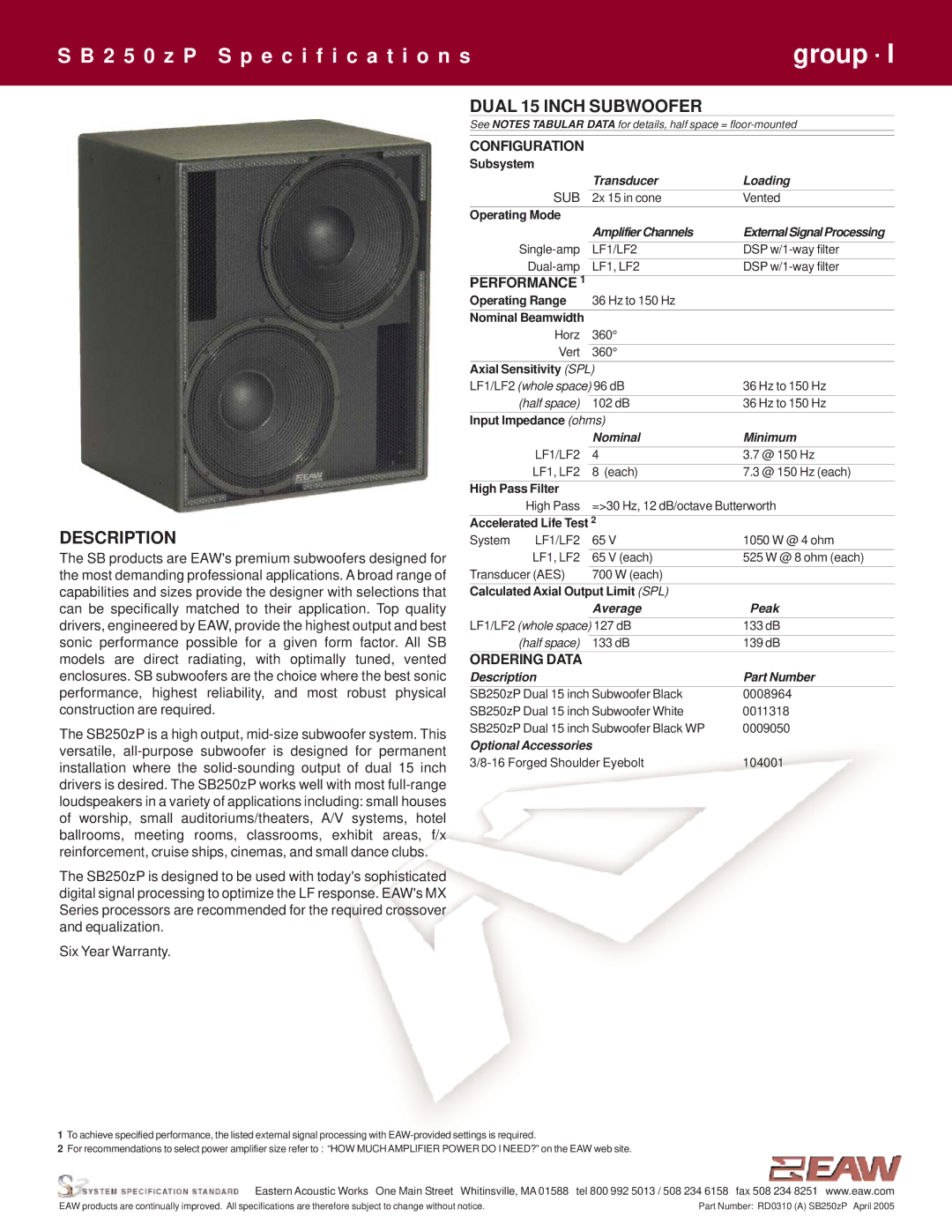 EAW SB250zP specifications Description, Dual 15 Inch Subwoofer 