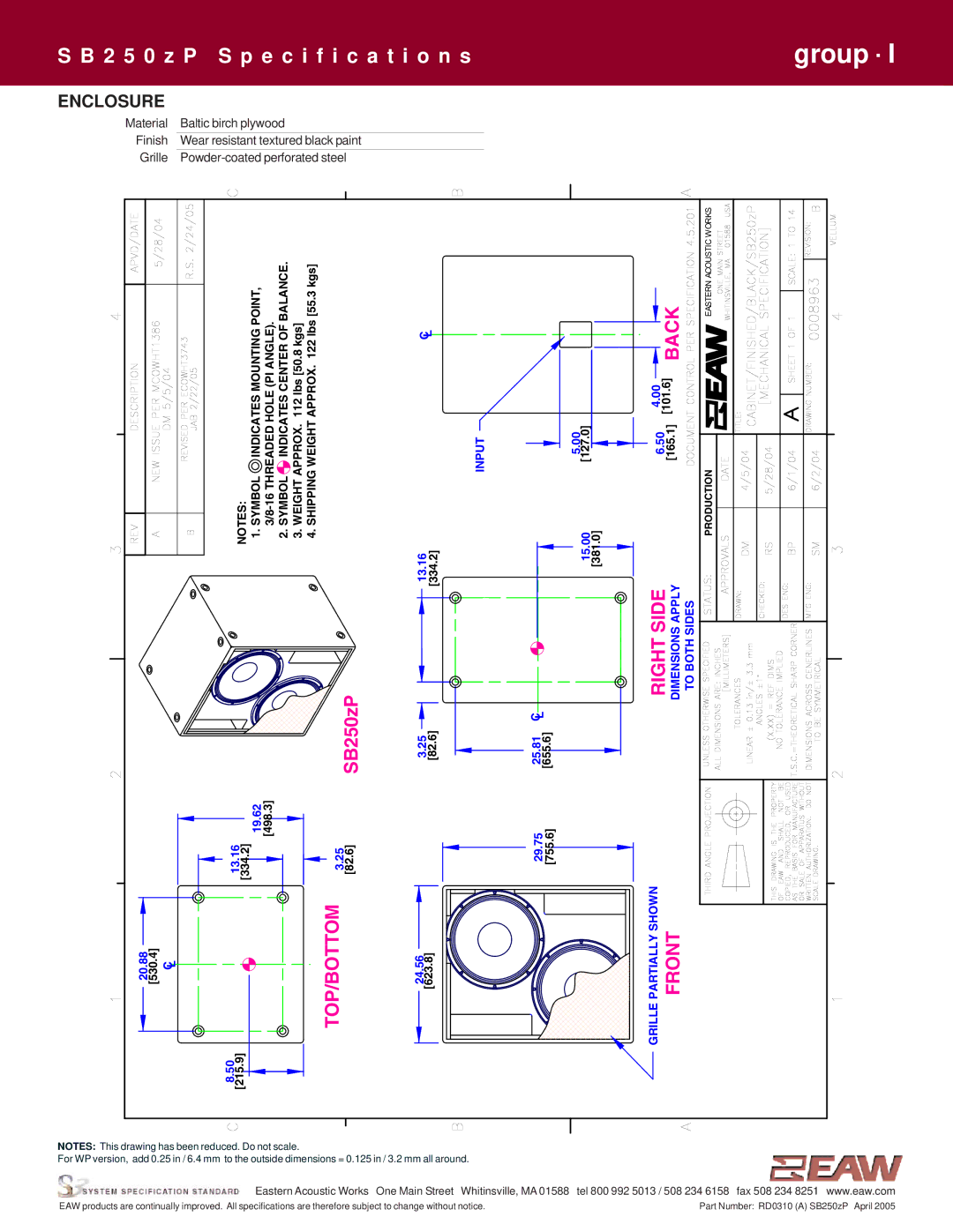 EAW SB250zP specifications Front, Enclosure 