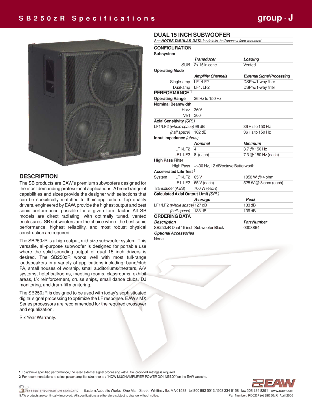 EAW SB250zR specifications Description, Dual 15 Inch Subwoofer 