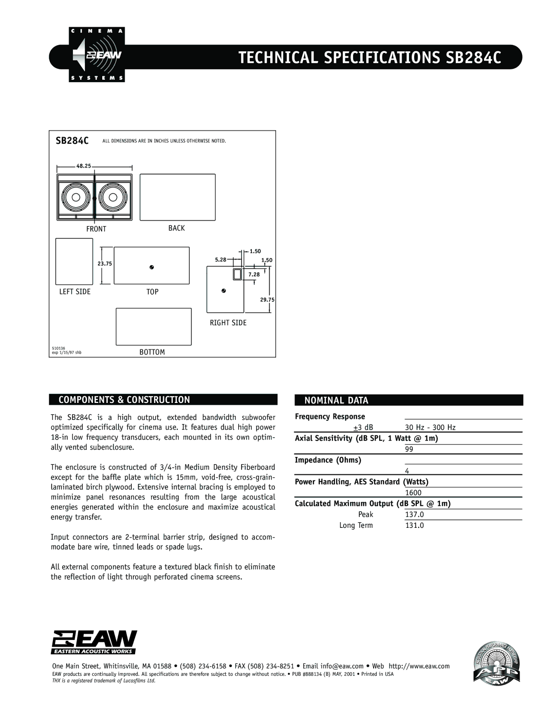 EAW SB284C technical specifications Components & Construction, Nominal Data 