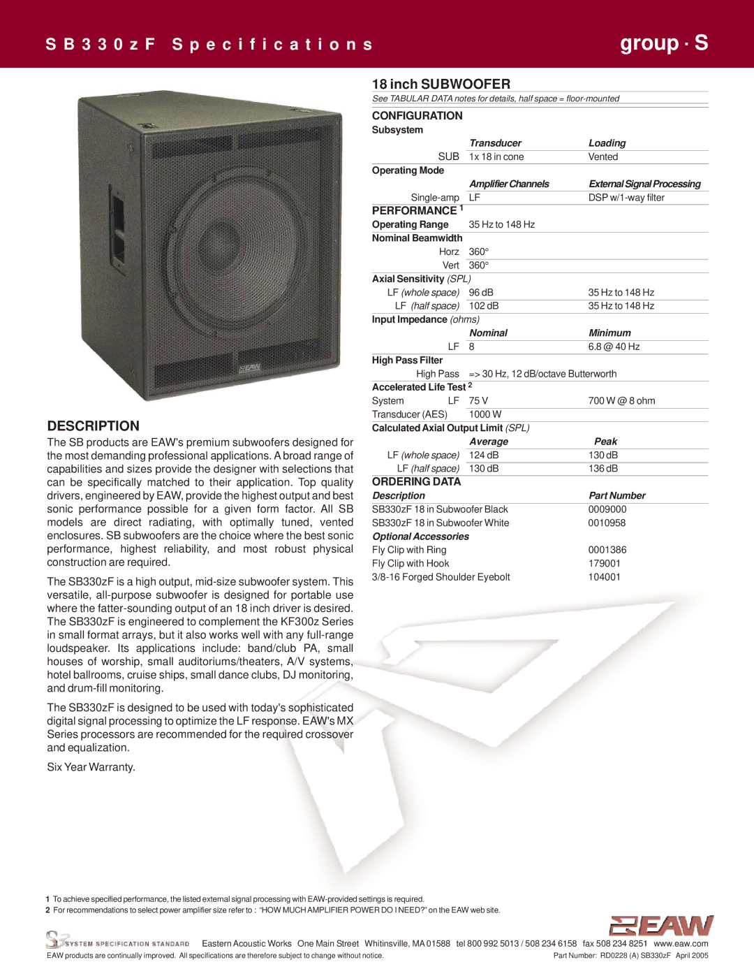 EAW SB330zF specifications Group · S, Description 