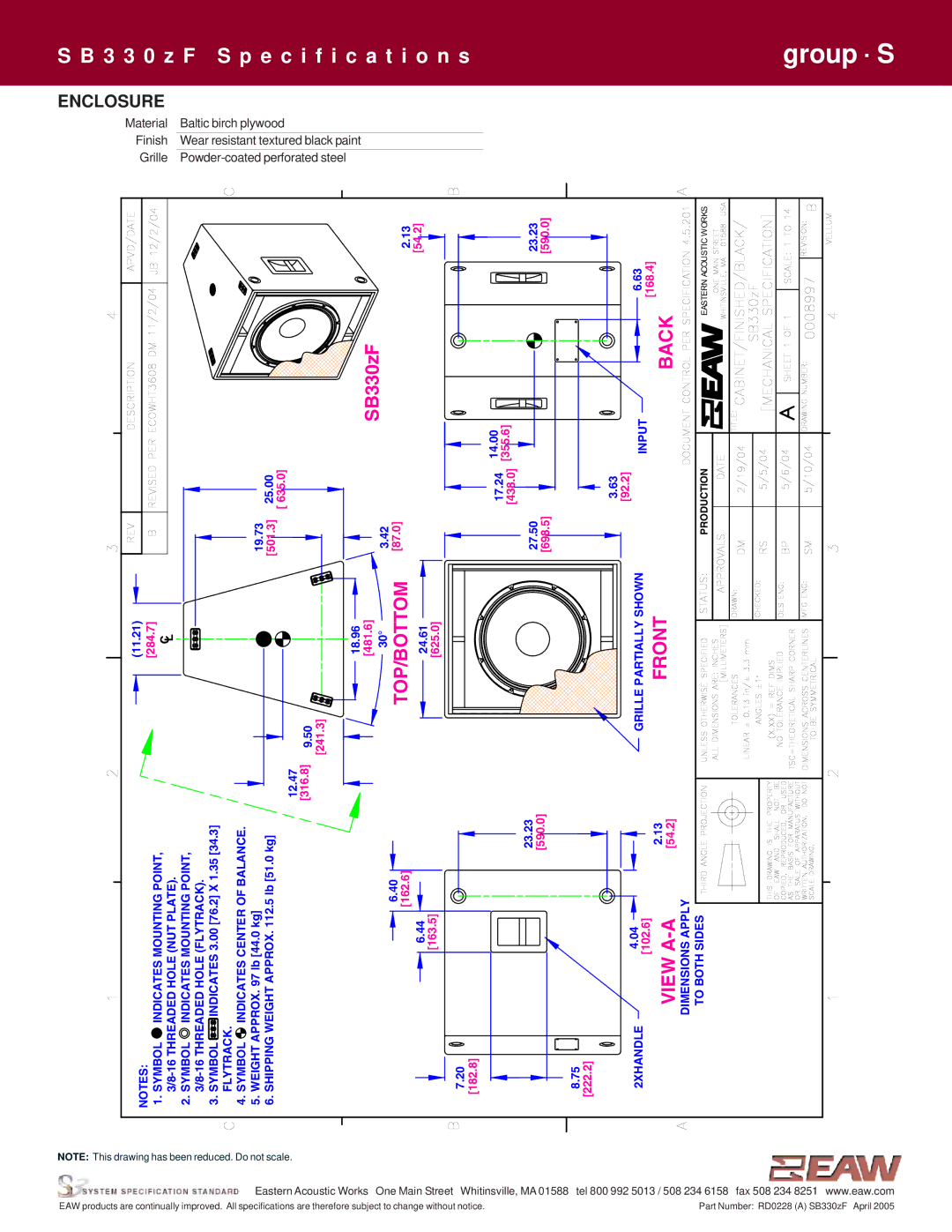 EAW SB330zF specifications Front, Enclosure 