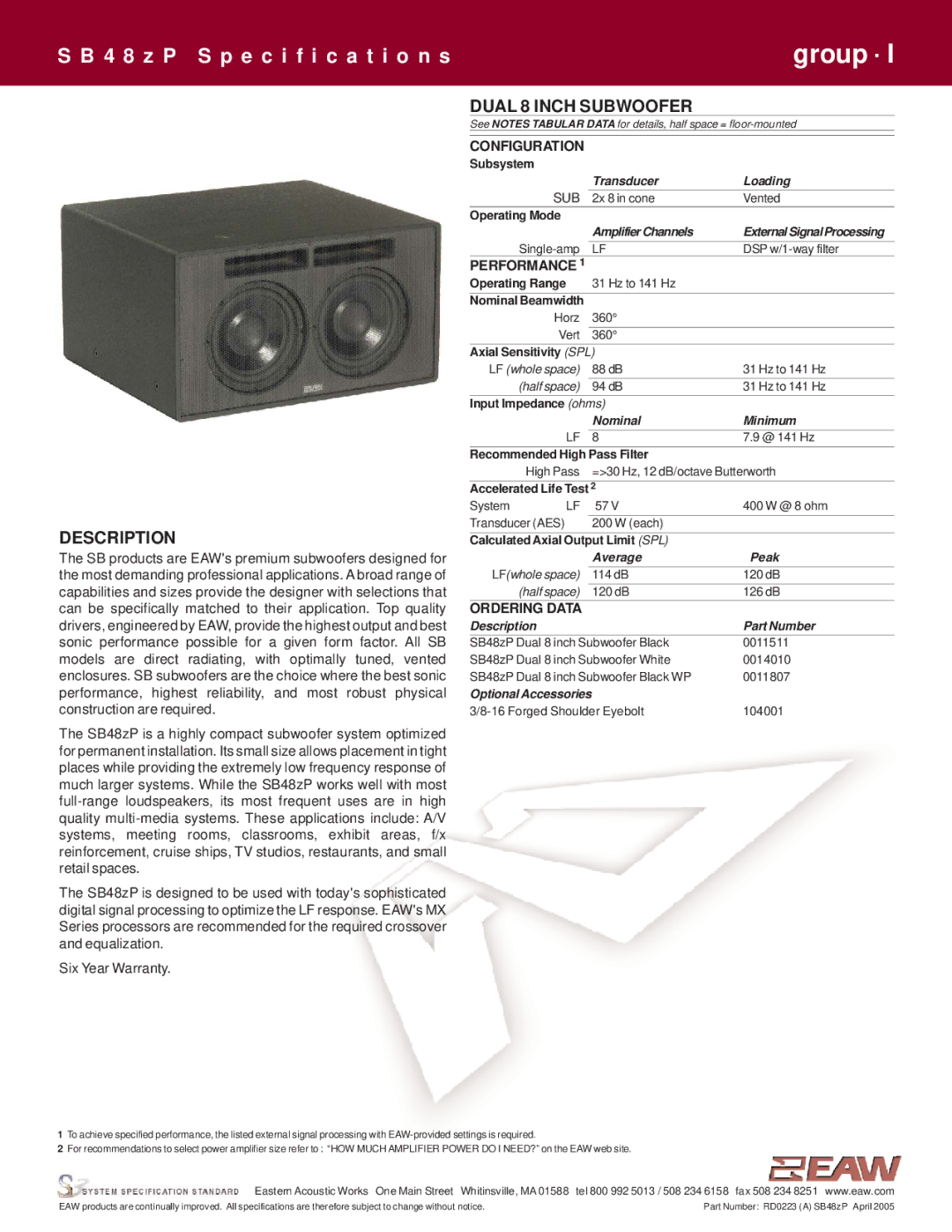 EAW SB48zP specifications Description, Dual 8 Inch Subwoofer 