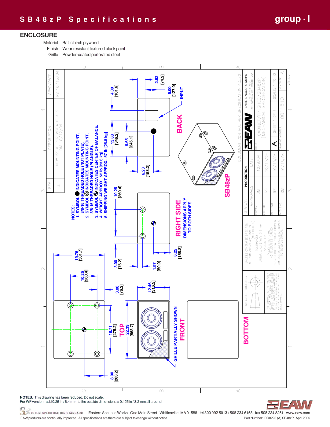 EAW SB48zP specifications Right Side, Enclosure 