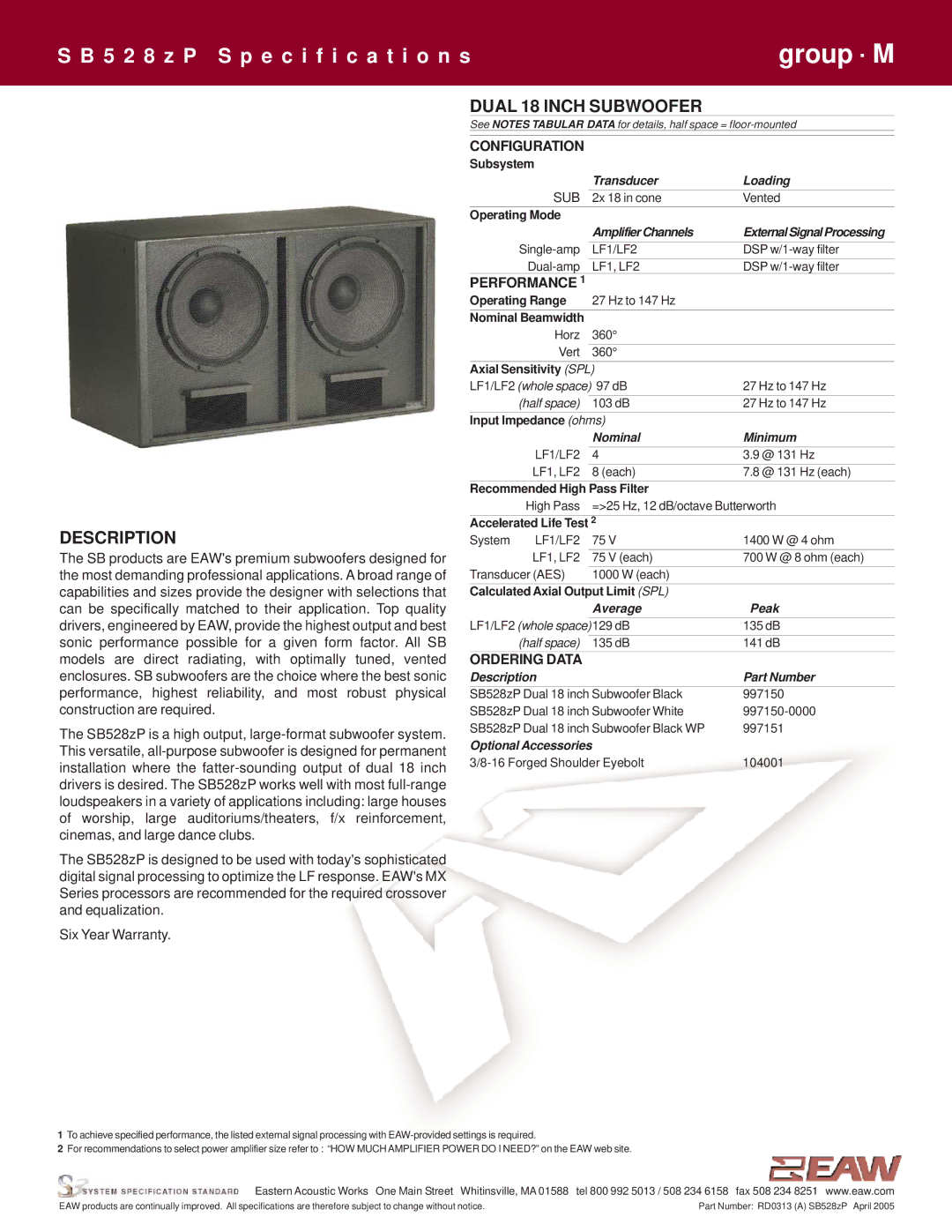 EAW SB528zP specifications Description, Dual 18 Inch Subwoofer 