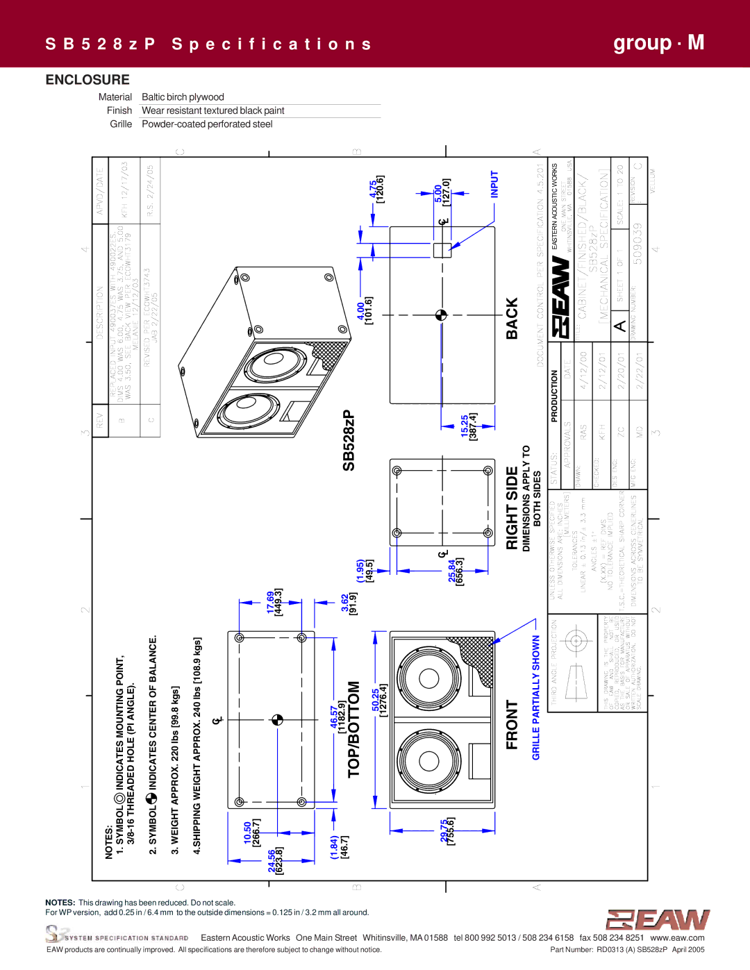 EAW SB528zP specifications Right Side, Enclosure 