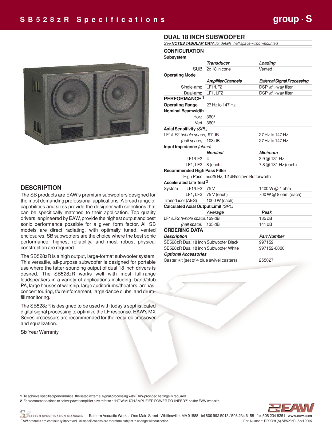 EAW SB528zR specifications Description, Dual 18 Inch Subwoofer 