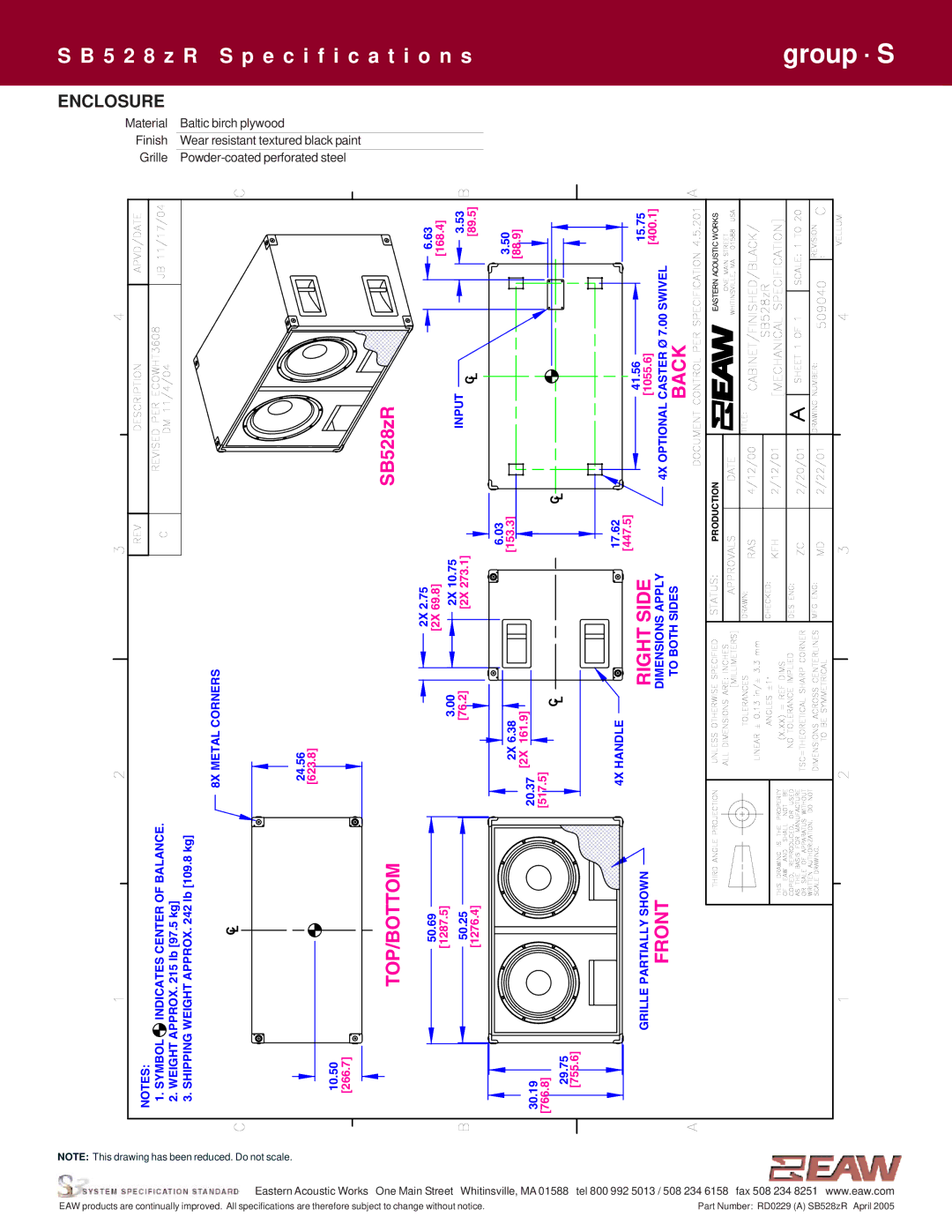 EAW SB528zR specifications Right Side, Enclosure 