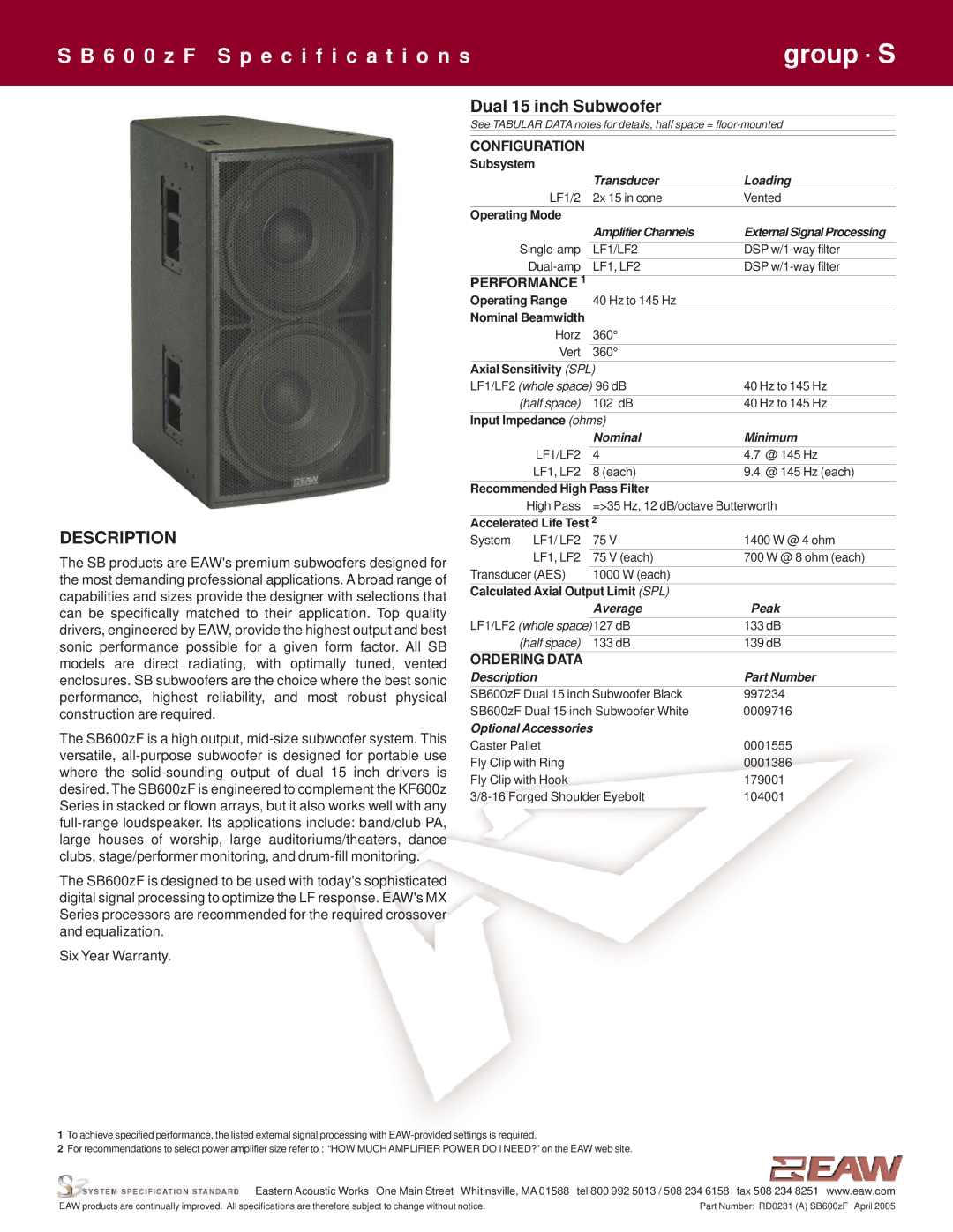 EAW SB600z specifications Description, Dual 15 inch Subwoofer 