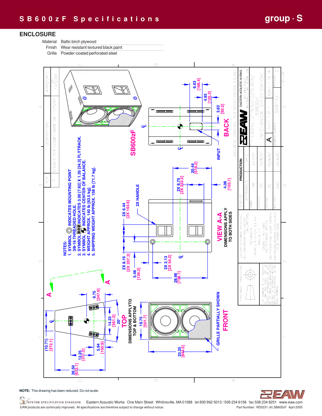 EAW SB600z specifications Enclosure, Back 