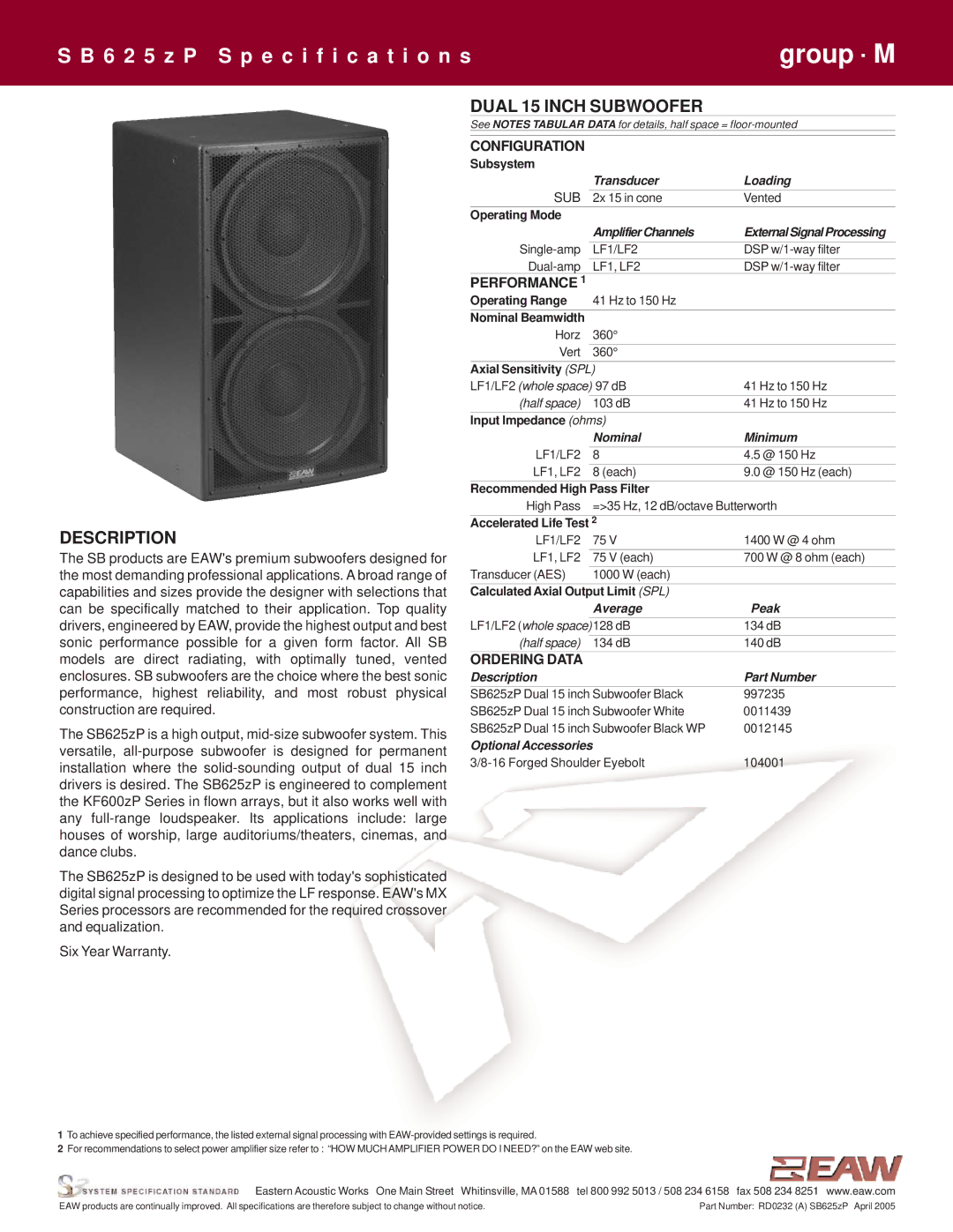 EAW SB625zP specifications Description, Dual 15 Inch Subwoofer 