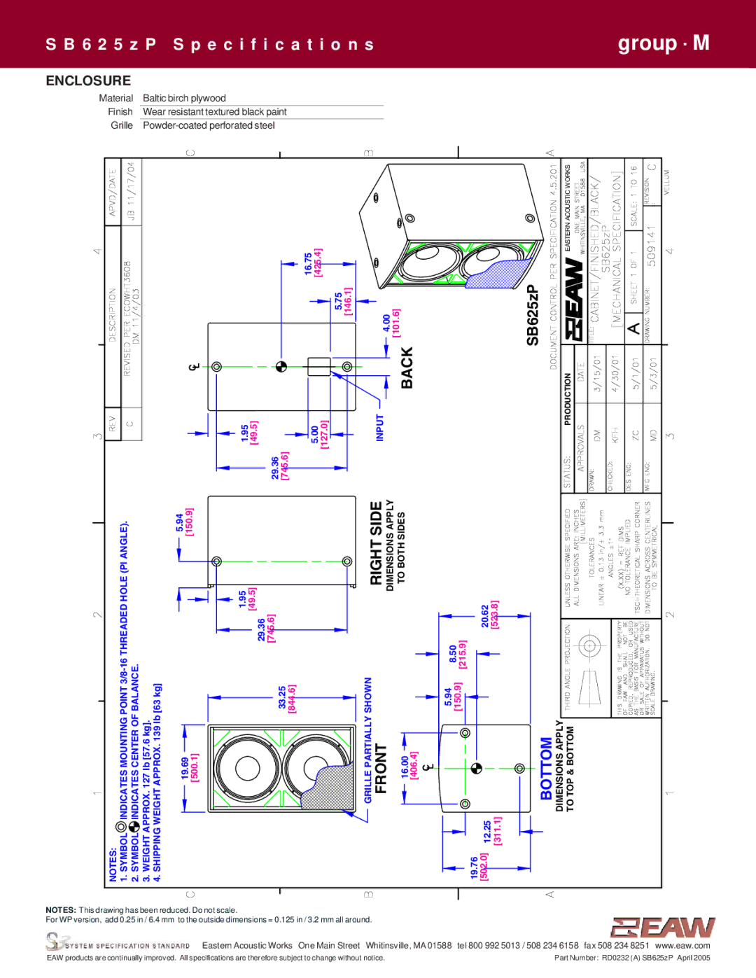 EAW SB625zP specifications Right Side, Enclosure 