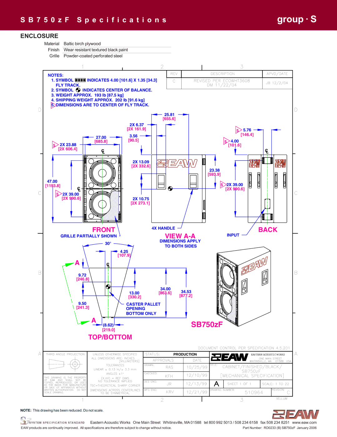 EAW SB750zF specifications View A-A, Enclosure 