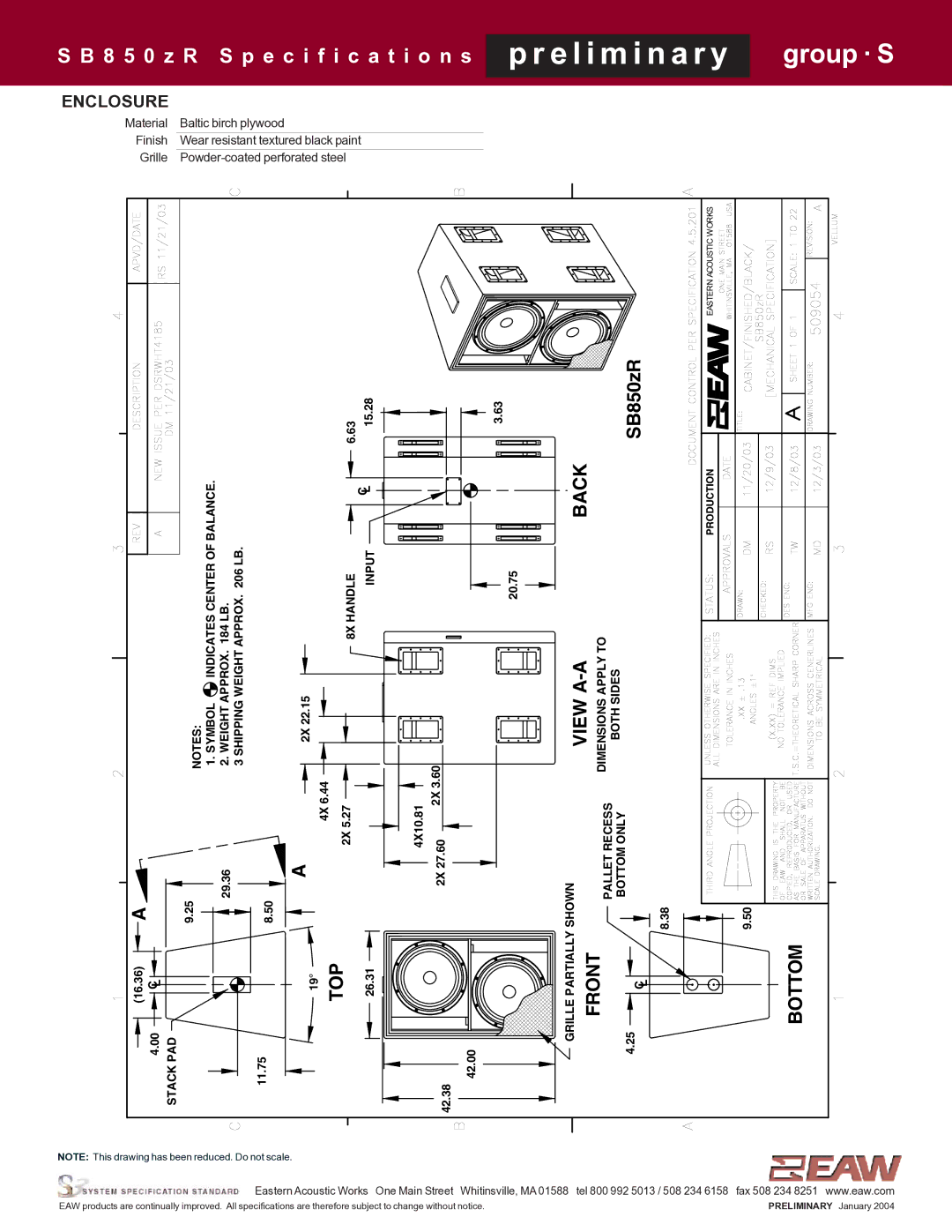 EAW SB850zR specifications Back, Enclosure 