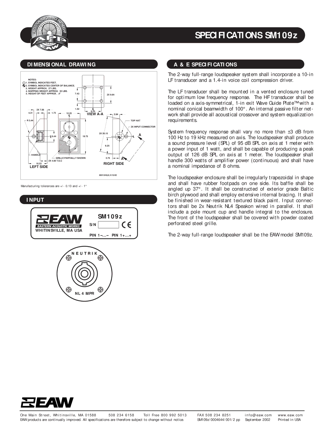 EAW SM109z specifications Dimensional Drawing, Input, Specifications 