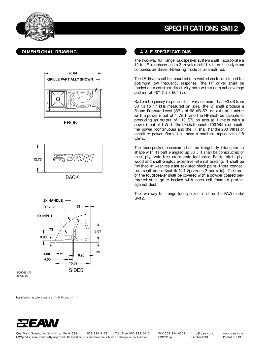 EAW SM12 specifications Dimensional Drawing, Specifications 