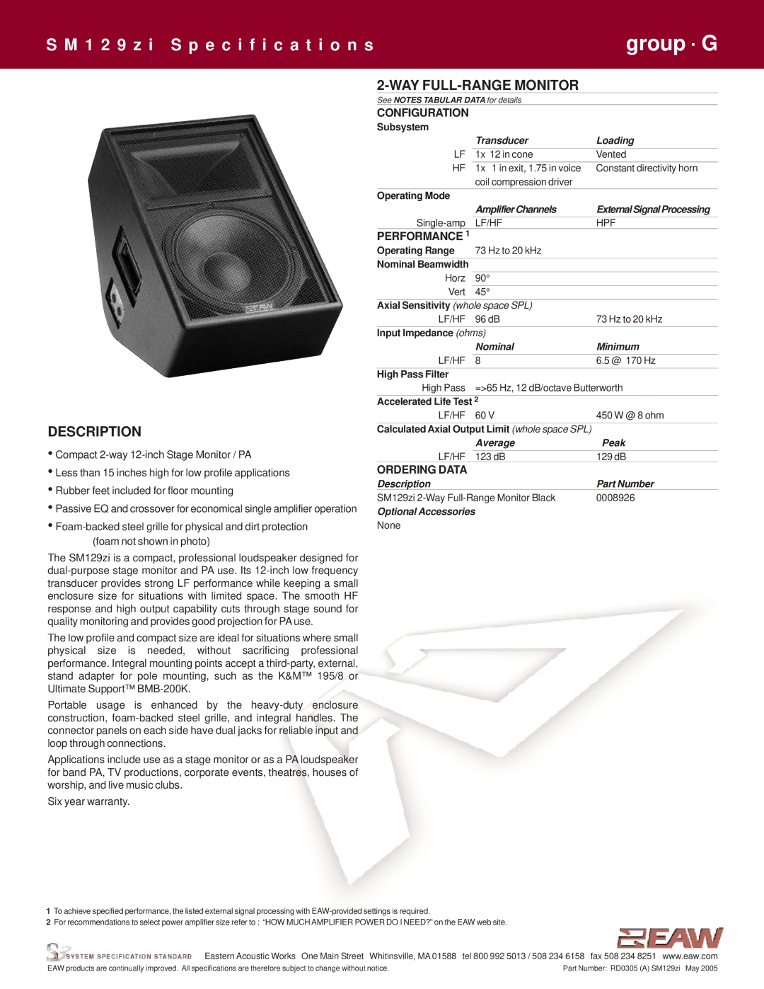 EAW SM129zi specifications Description, WAY FULL-RANGE Monitor 