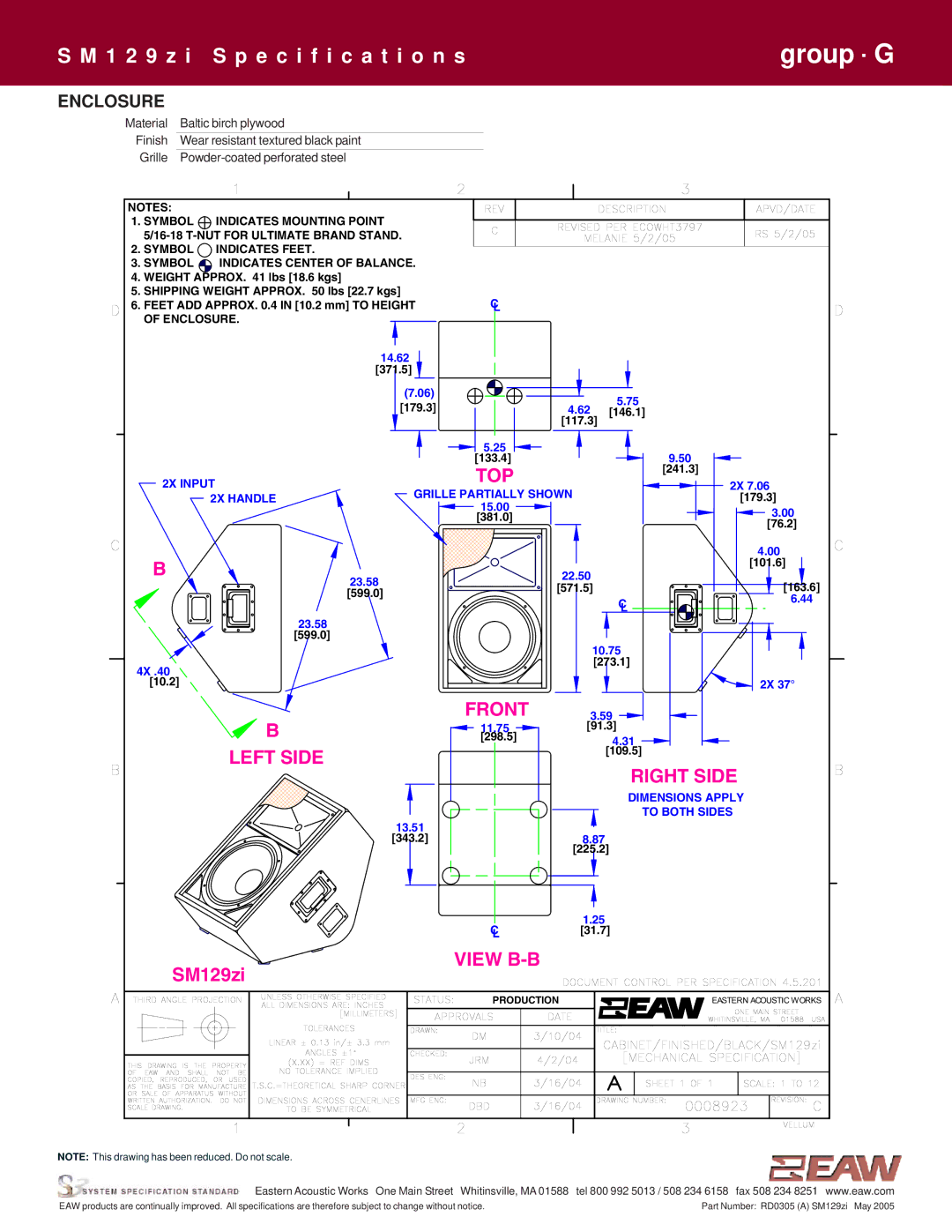 EAW SM129zi specifications Enclosure, Top 