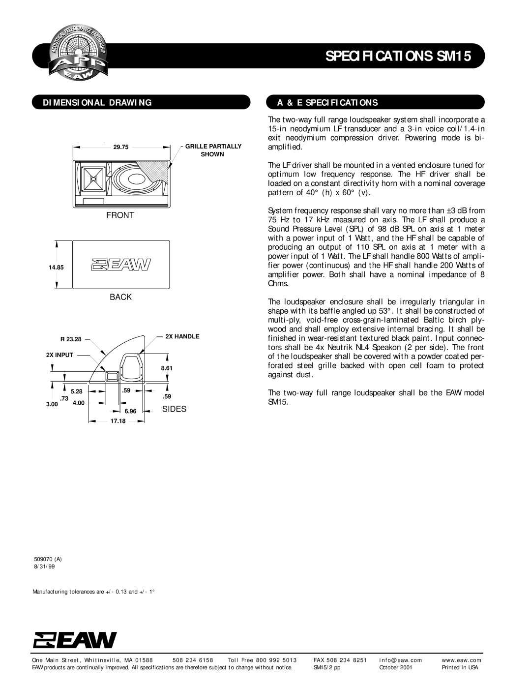 EAW SM15 specifications Dimensional Drawing, Specifications 