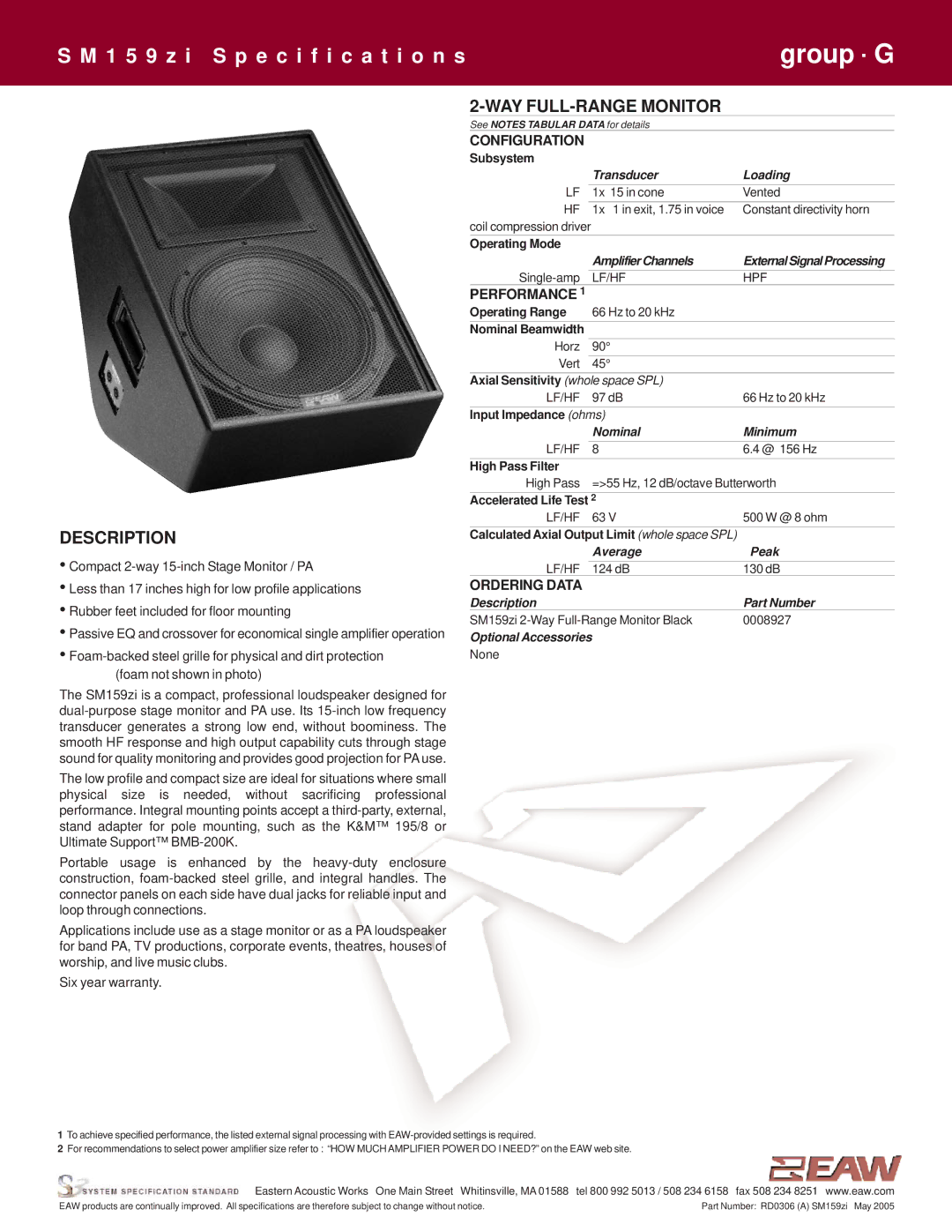 EAW SM159zi specifications Description, WAY FULL-RANGE Monitor 