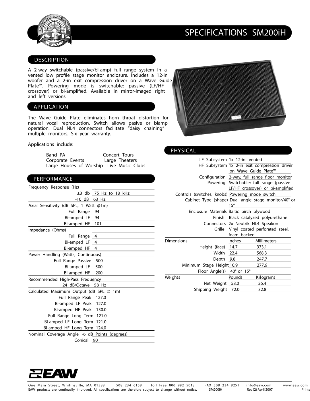 EAW SM200iH specifications Description, Application, Physical 