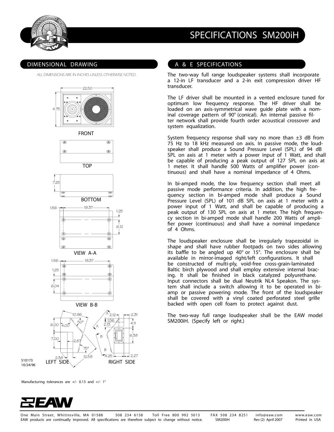 EAW SM200iH specifications Dimensional Drawing, Specifications, Front TOP Bottom View A-A, View B-B, Left Side 