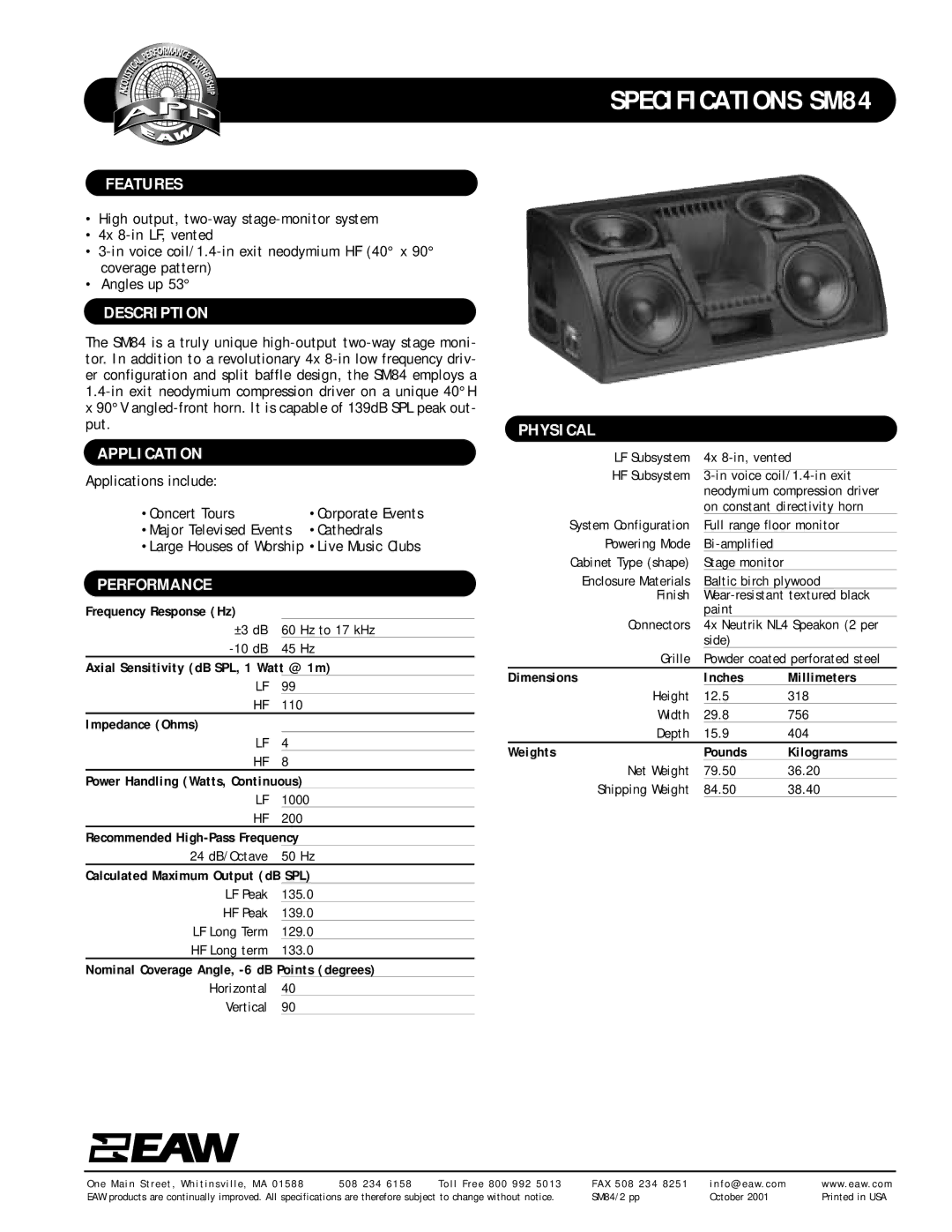 EAW specifications Specifications SM84 