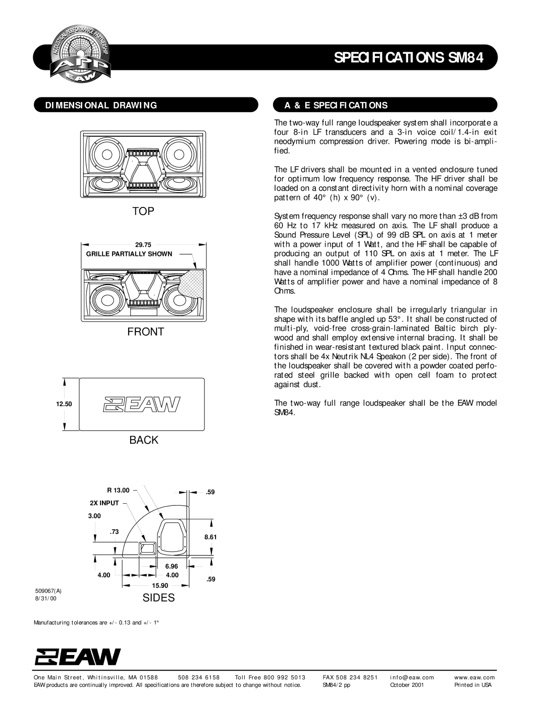 EAW SM84 specifications Dimensional Drawing, Specifications 