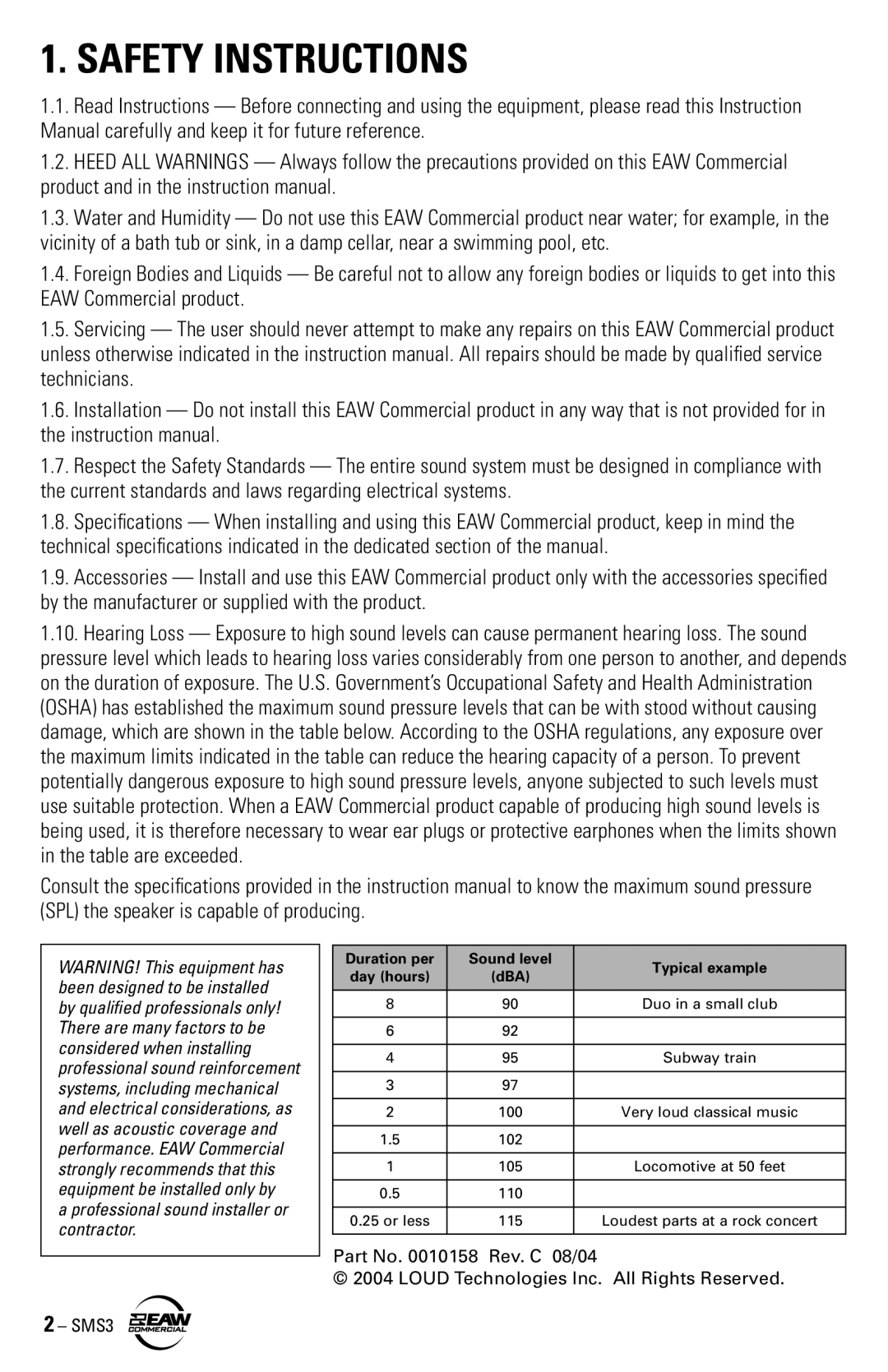 EAW SMS3 instruction manual Safety Instructions, Professional sound installer or contractor 