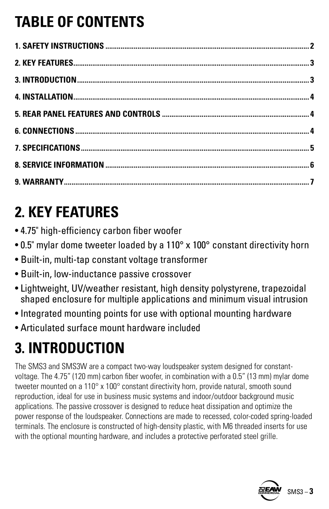 EAW SMS3 instruction manual Table of Contents, KEY Features, Introduction 