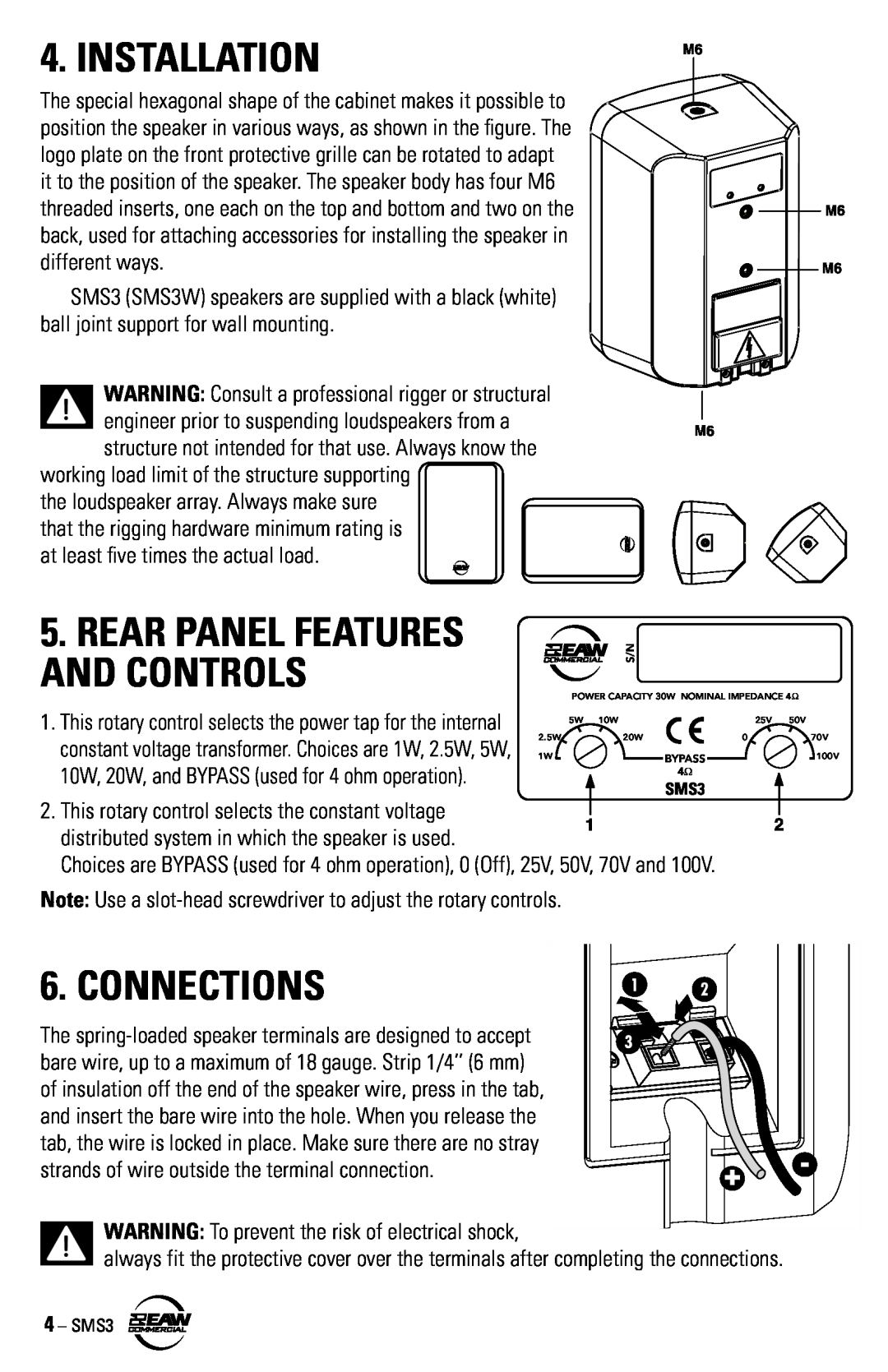 EAW SMS3 instruction manual Installation, Connections, Rear Panel Features And Controls 