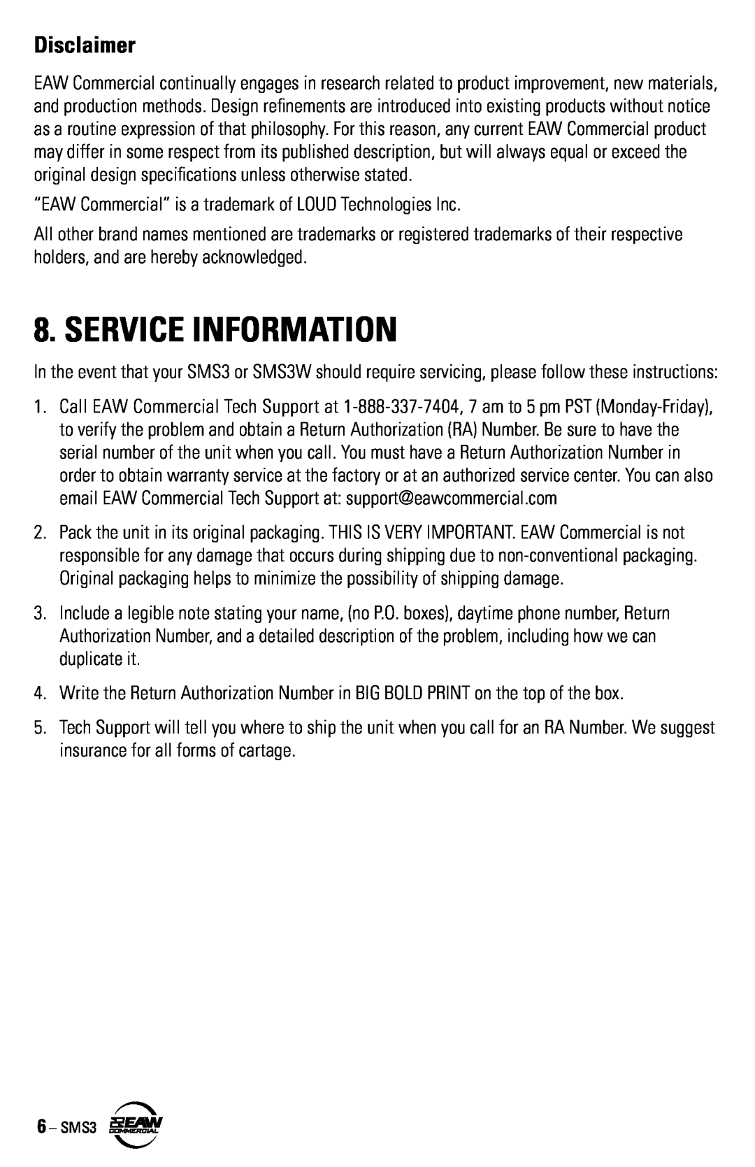 EAW SMS3 instruction manual Service Information, Disclaimer 