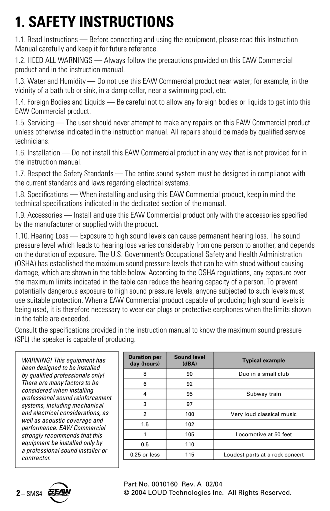 EAW SMS4 instruction manual Safety Instructions, Professional sound installer or contractor 