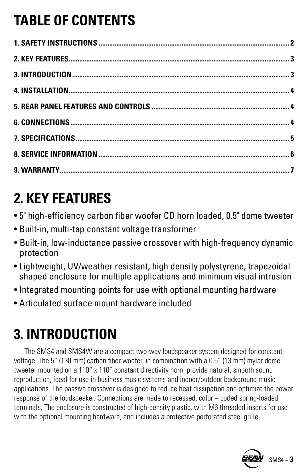 EAW SMS4 instruction manual Table of Contents, KEY Features, Introduction 