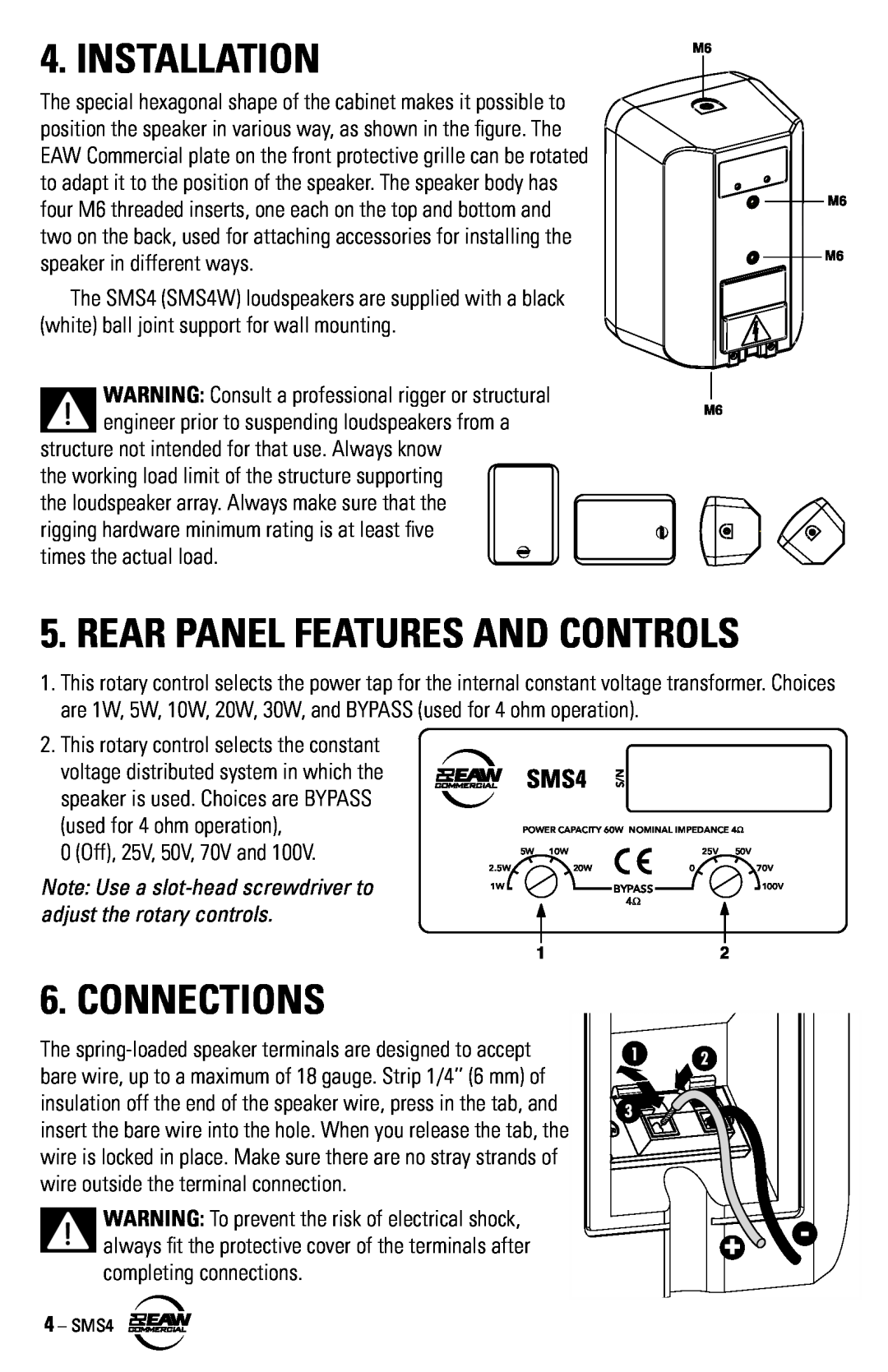 EAW SMS4 instruction manual Installation, Connections, Rear Panel Features And Controls 